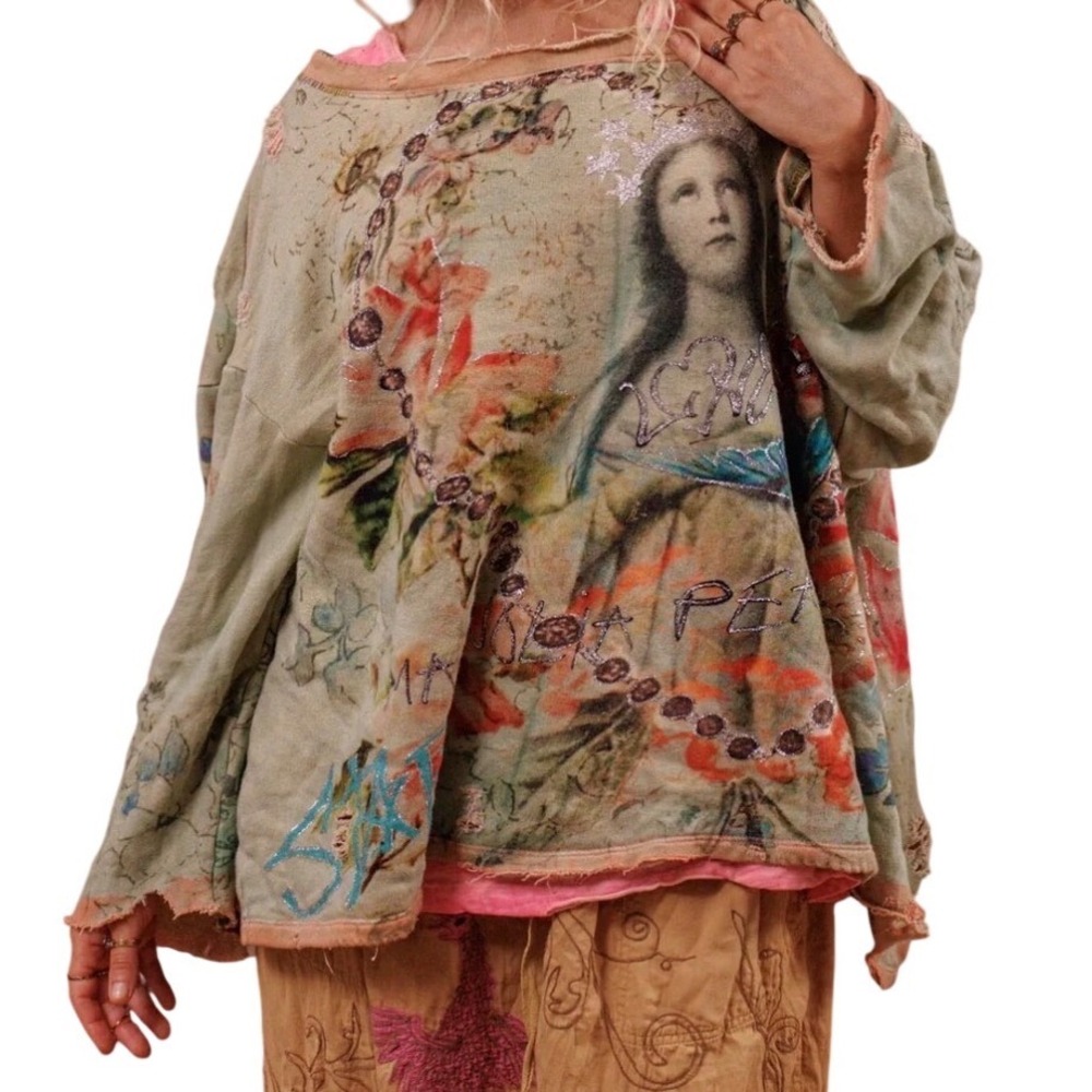 MAGNOLIA PEARL Sweatshirt Distressed Hermosa Mary Glitter Gray Floral NWT